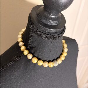 Yellow Pearl Beaded Choker Necklace with Rhinestone Accent